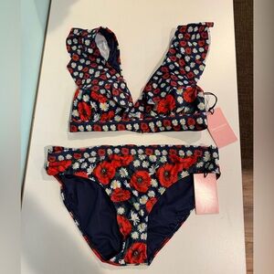 Juicy Couture Navy Floral Two-Piece Bikini Set with Red Poppies NWT Size M